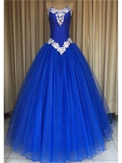 Royal Blue Stage Concert Attire Ball Gown With Off-White Applique Emberllished