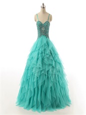 Tulle Ruffles Princess Spaghetti Straps Prom Dress With Chromatic AB Crystals