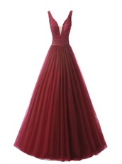 Simple Style Puffy A-line Wine Red Prom Ball Gown V Neck