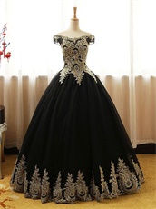 Gold Pineapple Flower Pattern Applique Puffy Tulle Black Court Ball Gown Lady Wear