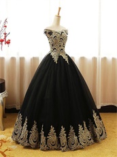 Gold Pineapple Flower Pattern Applique Puffy Tulle Black Court Ball Gown Lady Wear