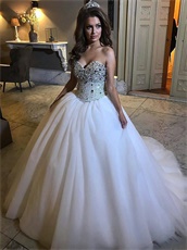 White Glittering Crystals Bodice Multilayered Tulle Puffy Ball Gown Train