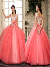 Graceful Champagne With Watermelon Organza A-line Prom Dresses Puffy
