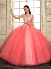 Graceful Champagne With Watermelon Organza A-line Prom Dresses Puffy