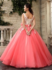 Graceful Champagne With Watermelon Organza A-line Prom Dresses Puffy