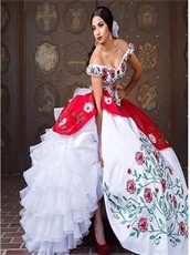 White Off Shoulder Red & Green Branches Leaves Embroidery Western Quince Gown