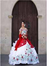 White Off Shoulder Red & Green Branches Leaves Embroidery Western Quince Gown