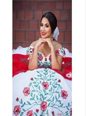 White Off Shoulder Red & Green Branches Leaves Embroidery Western Quince Gown