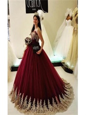 Burgundy Puffy Princess Ball Gown With Gold Lace Edge Little Train