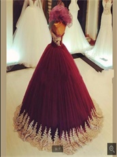 Burgundy Puffy Princess Ball Gown With Gold Lace Edge Little Train