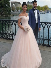 Light Blush Off Shoulder Ruching Puffy Tulle Gowns For Quinceanera Girl