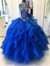 High Neck Modest Royal Blue Layers Ruffles Fotos De Quinceanera