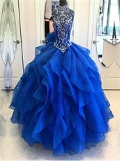 High Neck Modest Royal Blue Layers Ruffles Fotos De Quinceanera