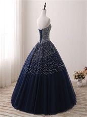 Graceful Navy Blue Bulgy Tulle Quinceanera Court Gowns Sewn Beading