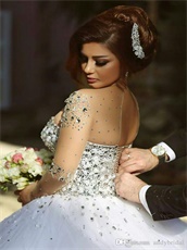 Nude Neckline With Long Sleeves Puffy Quinceanera Dress Crystals Bodice