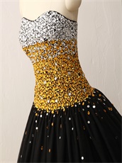 Silver and Gold Beading Bodice Evening Puffy Prom Party Dress Black