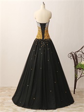 Silver and Gold Beading Bodice Evening Puffy Prom Party Dress Black