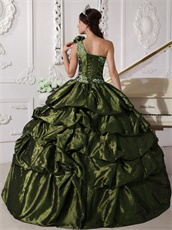 Olive Green One Shoulder Taffeta Pick-ups Skirt Quinceanera Dress Vintage