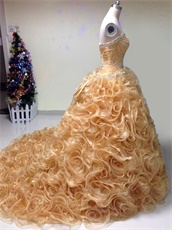 Curly Ruffles Skirt Fair Quinceanera Ball Gown By Shiny Gold Organza