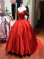 Off Shoulder Red Satin Pocket Ball Gown For Sweet 16 Birthday Gift