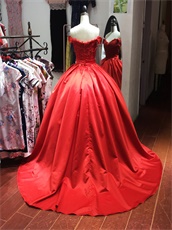 Off Shoulder Red Satin Pocket Ball Gown For Sweet 16 Birthday Gift