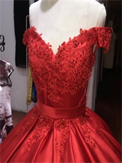 Off Shoulder Red Satin Pocket Ball Gown For Sweet 16 Birthday Gift