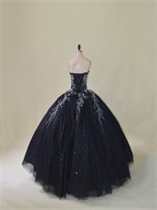 Silver Embroidery Black Puffy Quinceanera Dress With Sparkle Tulle Inside