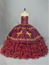 Western Sweet 16 Girl Burgundy Ball Gown Gold Horse Horseshoe Embroidery