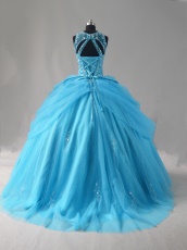 Aqua Tulle Flutters Curtain Designer Quinceanera Gown AB Crystals