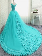 Graceful V Off Shoulder Puffy Aqua Quinceanera Gowns Handmade 3D Flowers