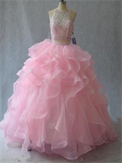 Pink High Collar Two-Pieces Ball Gown Ruffles With Flexible Horsehair Edge