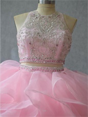 Pink High Collar Two-Pieces Ball Gown Ruffles With Flexible Horsehair Edge