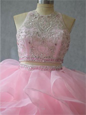 Pink High Collar Two-Pieces Ball Gown Ruffles With Flexible Horsehair Edge