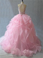 Pink High Collar Two-Pieces Ball Gown Ruffles With Flexible Horsehair Edge