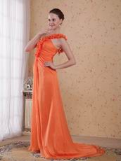 One Shoulder Orange Designer Prom Dress With Rosette Strap