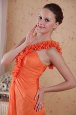 One Shoulder Orange Designer Prom Dress With Rosette Strap