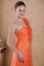 One Shoulder Orange Designer Prom Dress With Rosette Strap