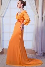 New Style Long Sleeves V-neck Orange Chiffon Prom Dress For Cheap