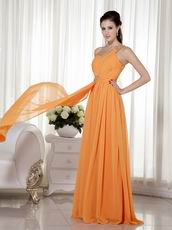 One Shoulder Orange Floor Length Cache Prom Dress With Beading