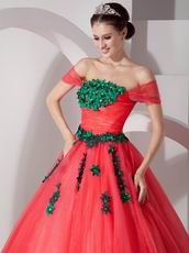 Coral Red Popular A-line Prom Gown With Green Applique