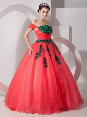 Coral Red Popular A-line Prom Gown With Green Applique