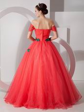 Coral Red Popular A-line Prom Gown With Green Applique