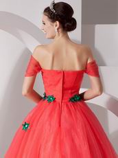 Coral Red Popular A-line Prom Gown With Green Applique