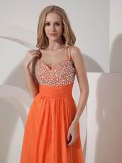 Not Expensive Spaghetti Straps Orange Chiffon Beaded Prom Dress