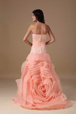 Fading Color Watermelon Prom Dress With Rolled Fabric Flowers