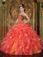 Beaded Orange And Hot Pink Ruffles Skirt Quinceanera Gown