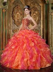 Beaded Orange And Hot Pink Ruffles Skirt Quinceanera Gown