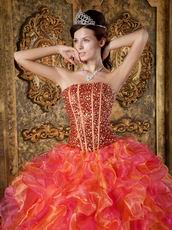 Beaded Orange And Hot Pink Ruffles Skirt Quinceanera Gown