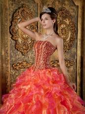 Beaded Orange And Hot Pink Ruffles Skirt Quinceanera Gown