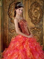 Beaded Orange And Hot Pink Ruffles Skirt Quinceanera Gown